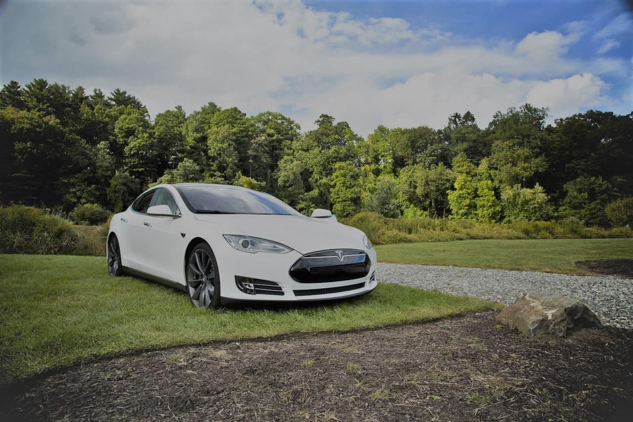 Tesla Model S branco estacionado em um campo gramado.