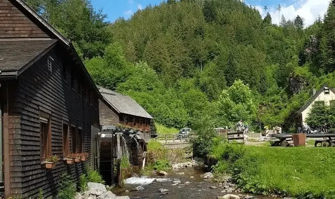 Casas tradicionais de madeira com roda d'água à beira de um riacho na Floresta Negra
