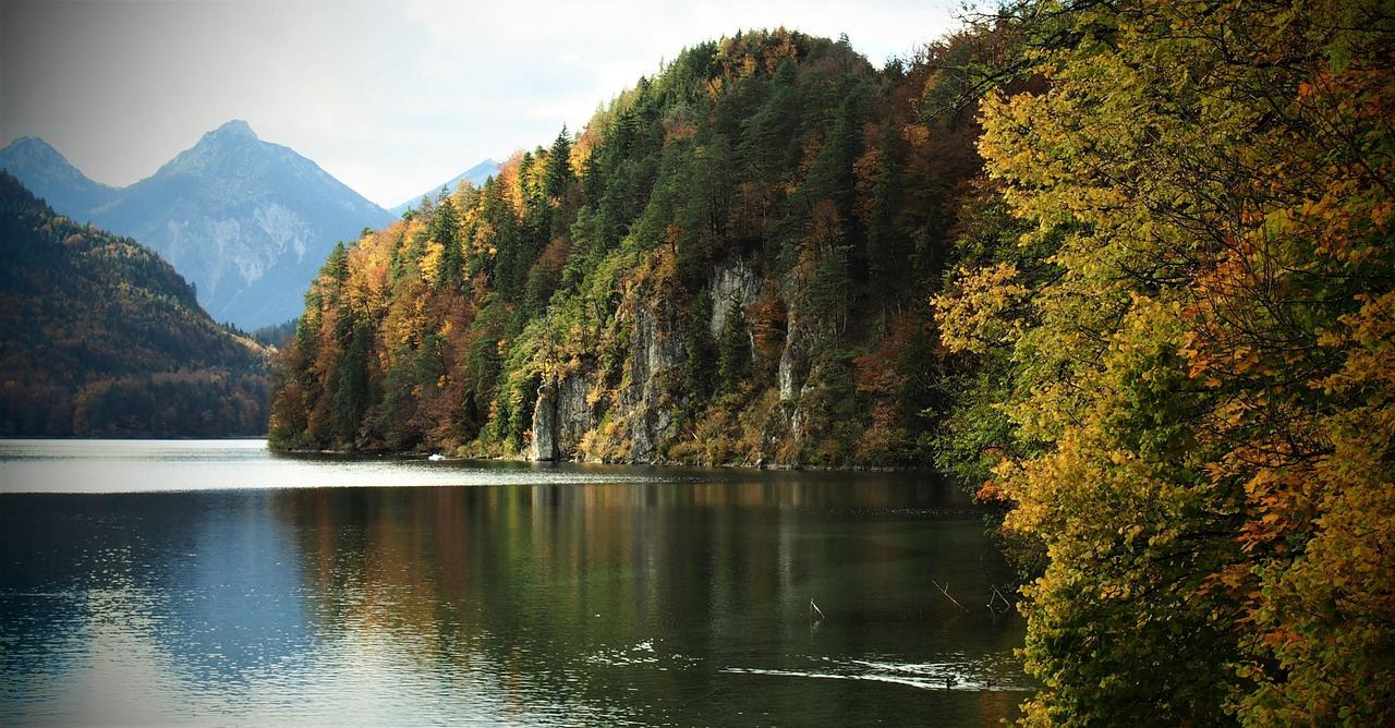 Lago y bosque en tonos otoñales en Baviera, cerca de Hohenschwangau, Alemania