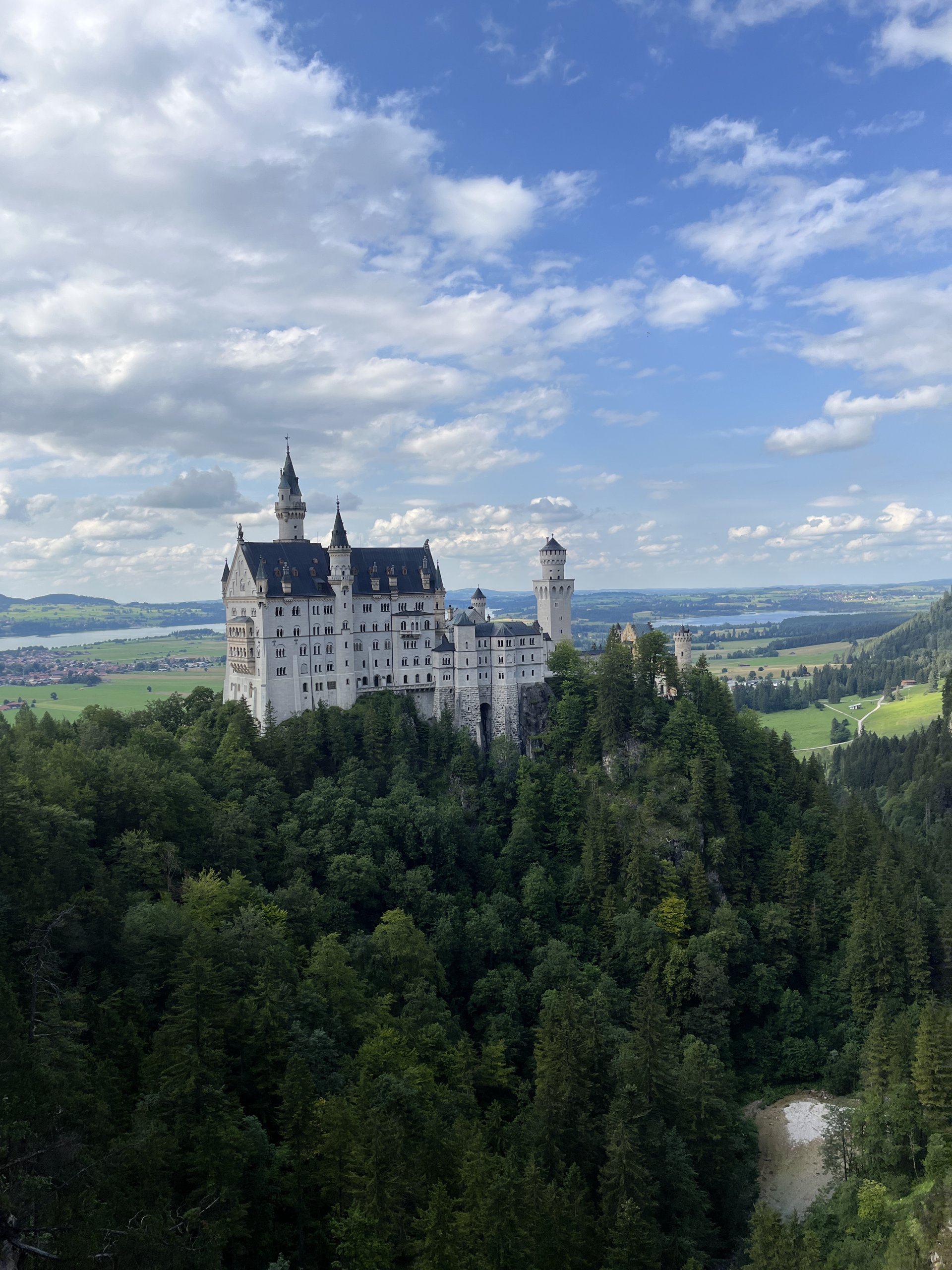 O Castelo de Neuschwanstein no verão, cercado de vegetação verde, na Baviera.