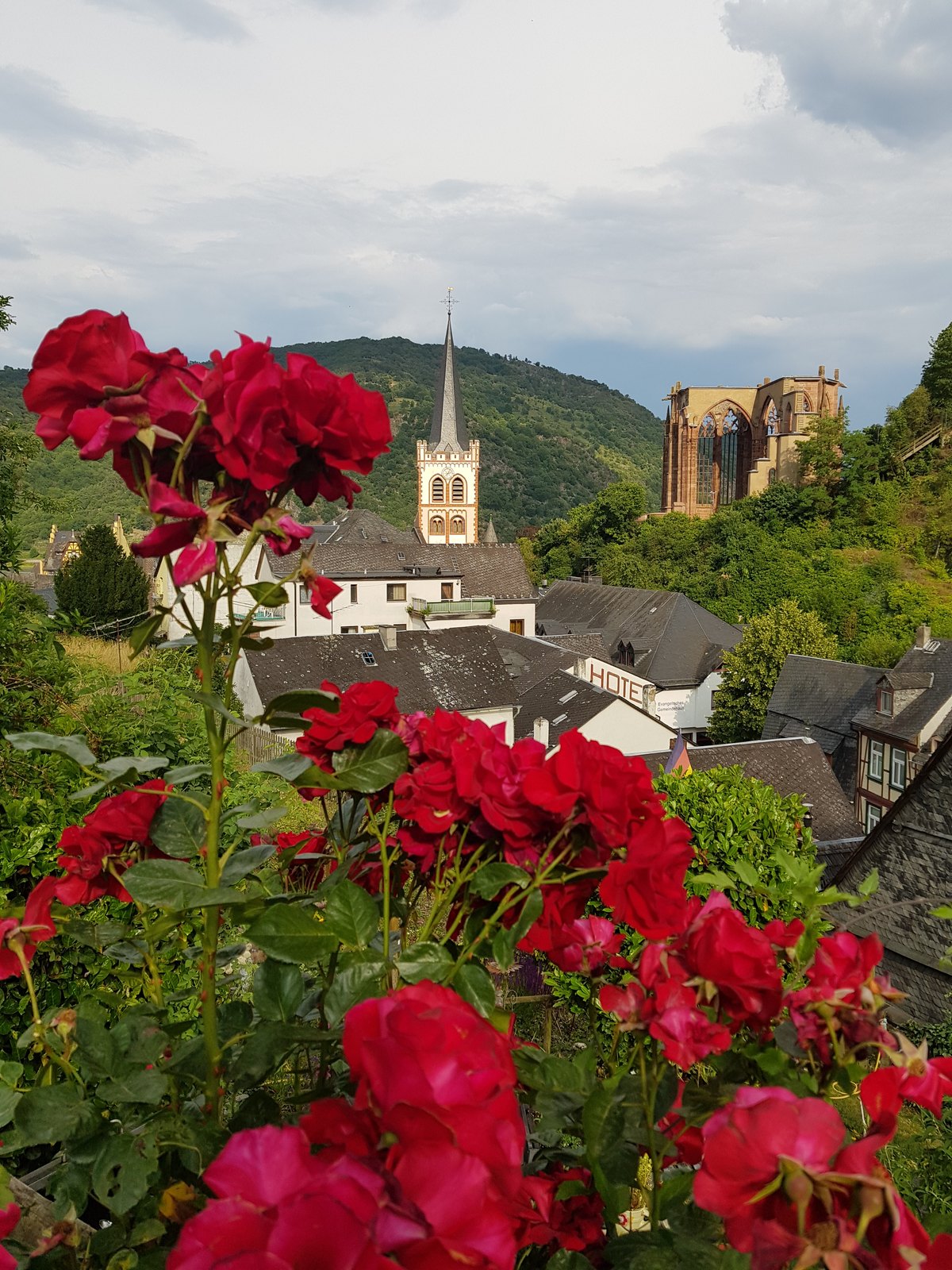 Vista de Bacharach com a igreja e a Wernerkapelle entre vinhedos
