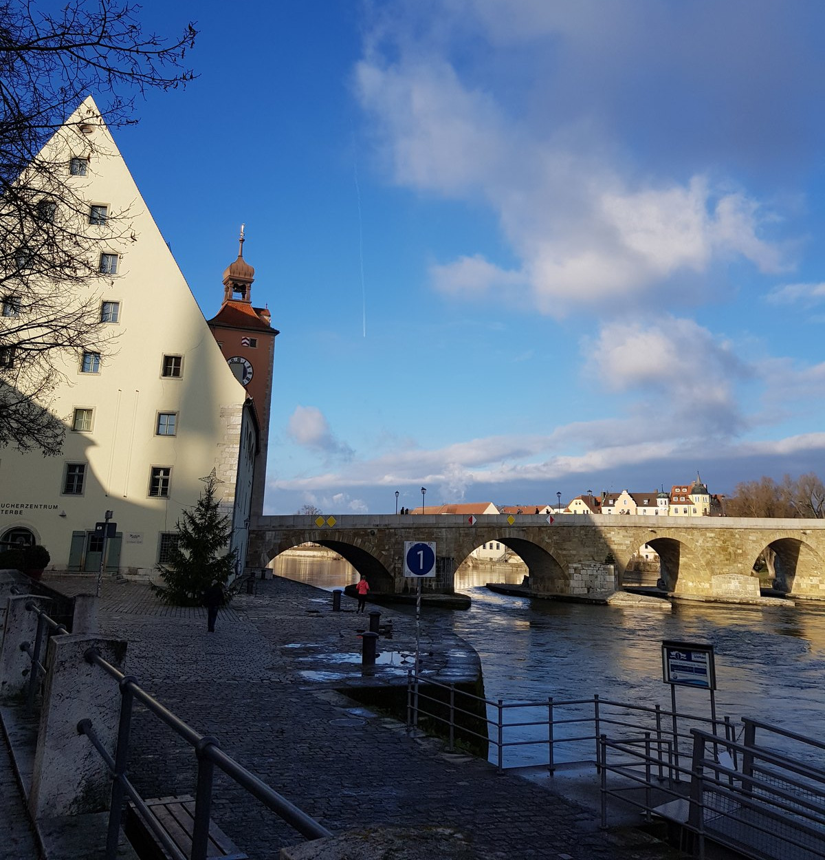 Torre da ponte e Salzstadel de Regensburg com árvore de Natal
