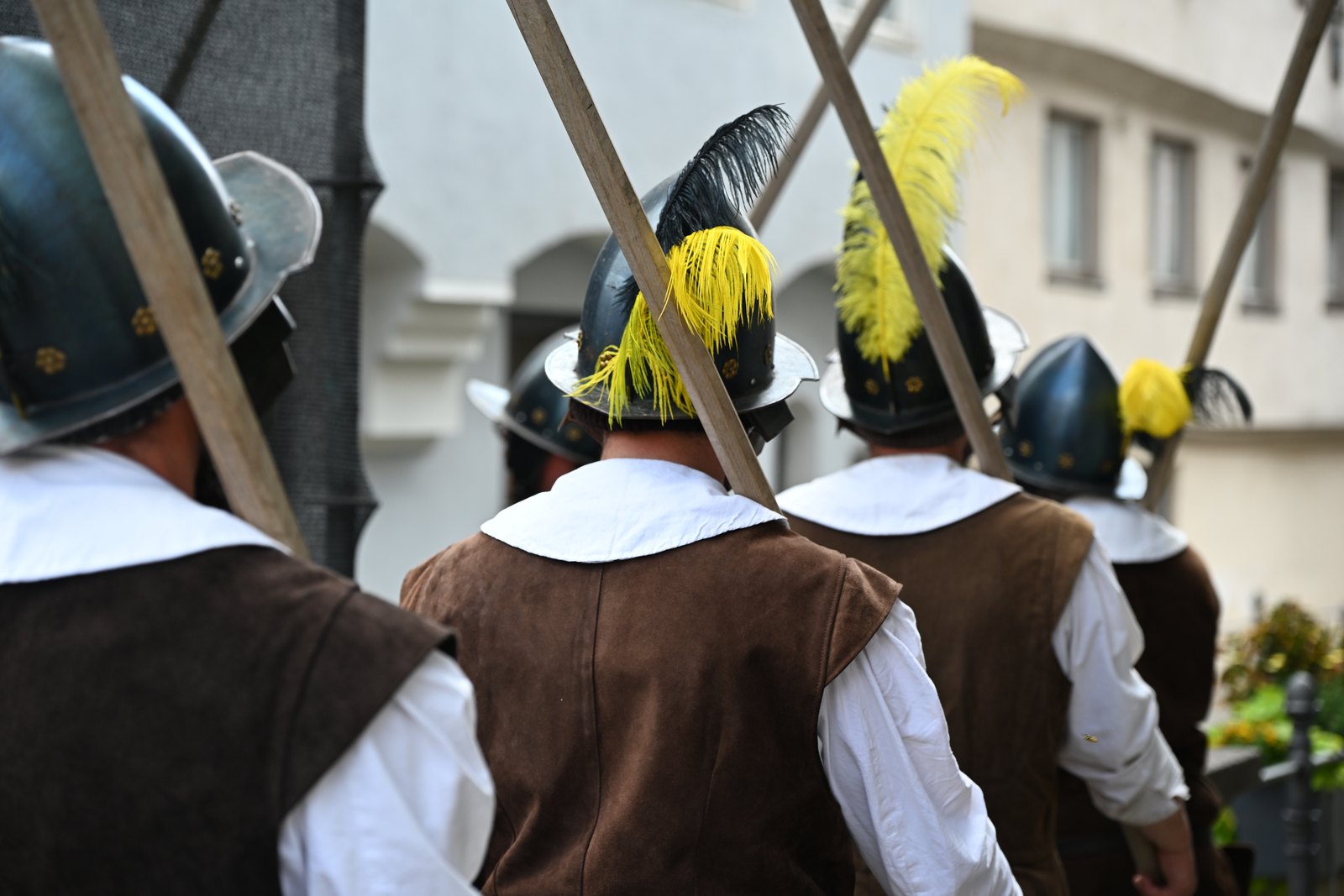 Quatro piqueiros vistos de costas com capacetes de aço azulado, plumas amarelas e uma preta, golas brancas e gibões de couro marrom, no Wallenstein 1630 em Memmingen