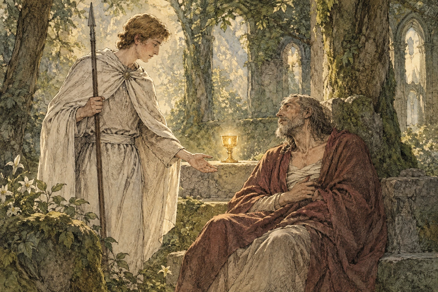 Ilustração temática: Parsifal, com uma lança, junto de Amfortas e do cálice do Graal em um santuário na floresta.