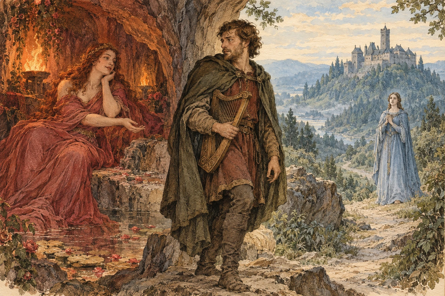 Ilustração temática: Tannhäuser com sua harpa entre a gruta de Vênus e Elisabeth, com a Wartburg ao fundo.