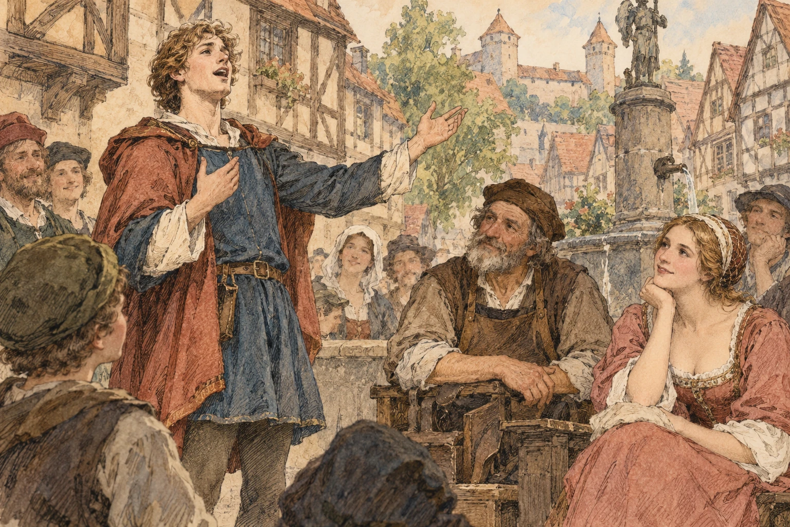 Ilustração temática: Walther canta em uma praça de Nuremberg, acompanhado por Hans Sachs e Eva.