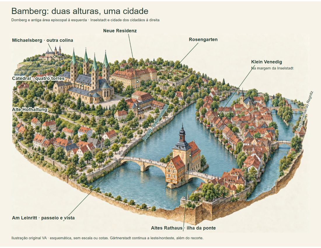 Ilustração arquitetônica esquemática de Bamberg, com catedral e palácio nas colinas à esquerda, prefeitura na ilha da ponte e casas de Klein Venedig na margem da Inselstadt à direita.