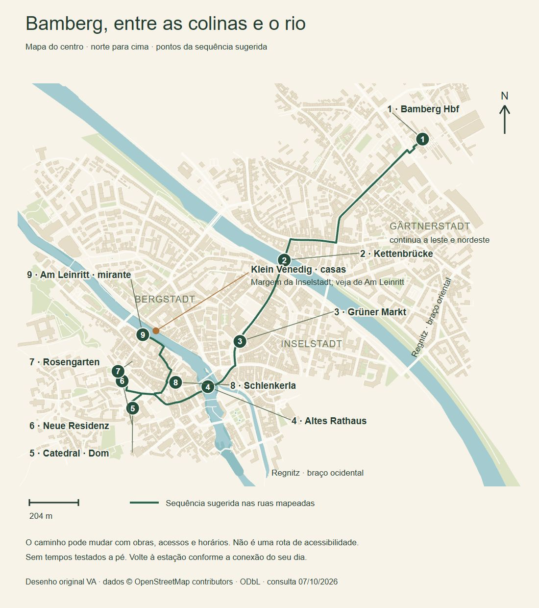 Mapa geográfico com norte para cima, dois braços do Regnitz, estação Bamberg Hbf e nove pontos ordenados do passeio pelo centro histórico.