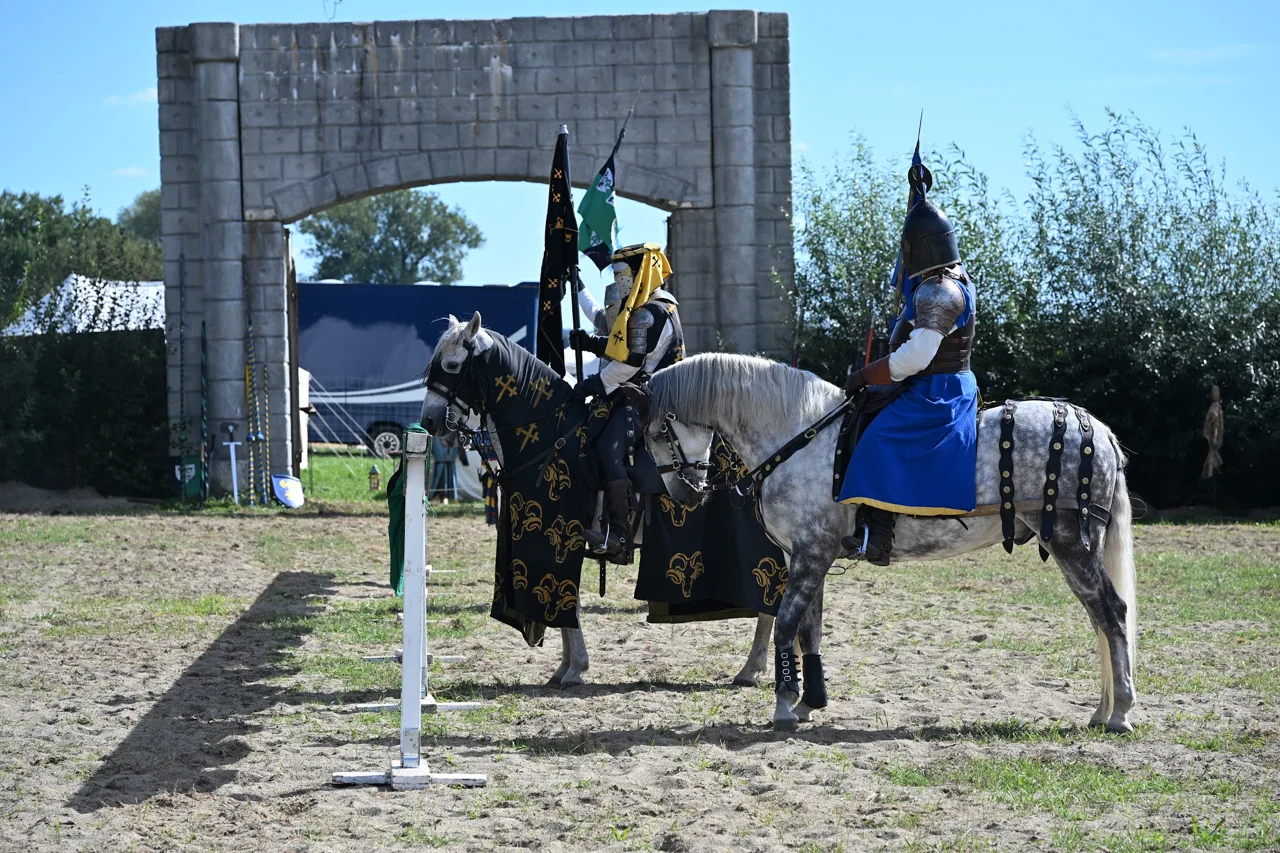 Cavaleiros a cavalo em uma apresentação de torneio medieval