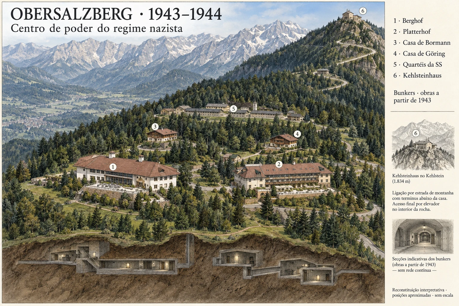 Reconstituição interpretativa do Obersalzberg em 1943 e 1944, com Berghof, Platterhof, casas de Bormann e Göring, quartéis da SS e Kehlsteinhaus separado no alto