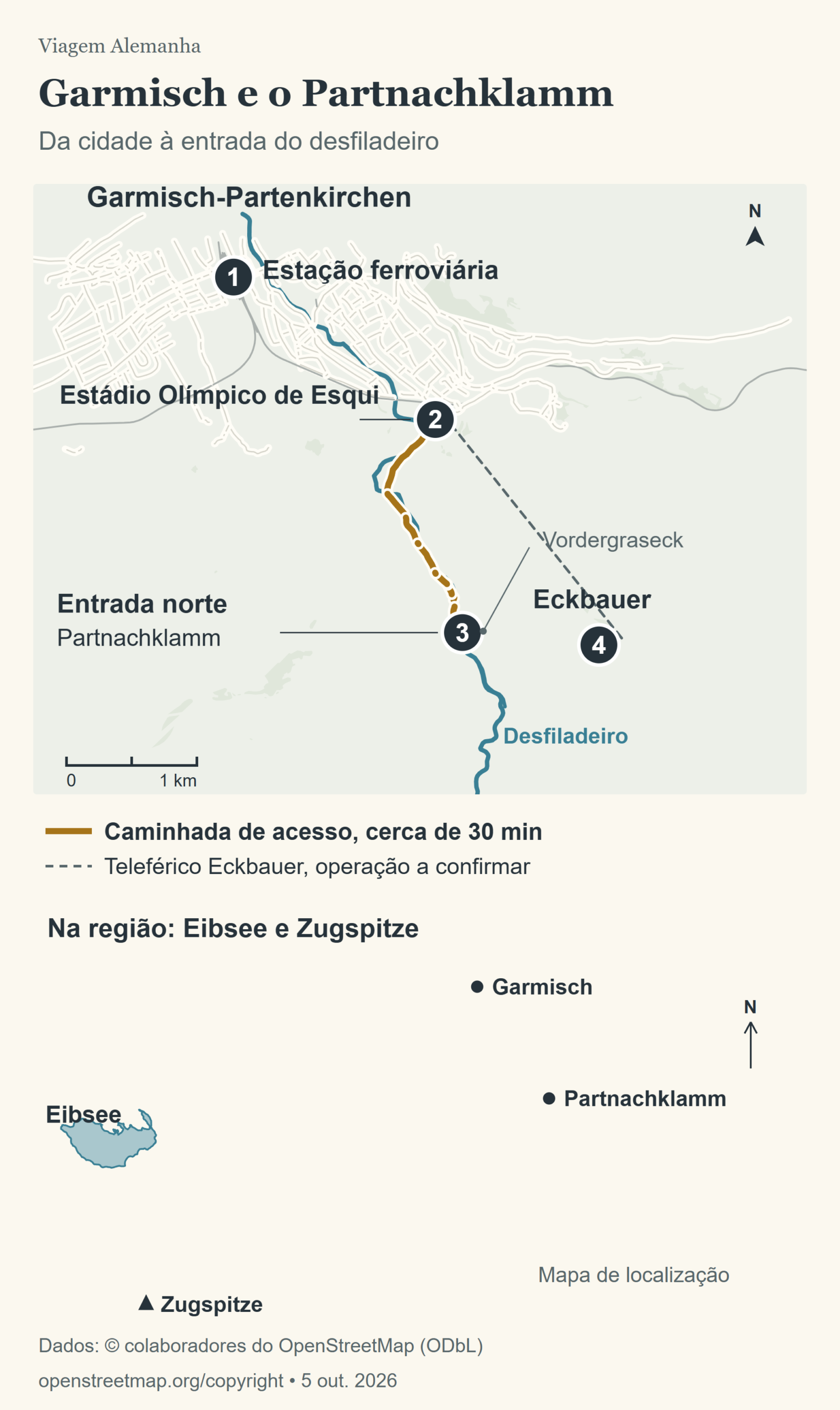 Mapa com a estação ferroviária de Garmisch-Partenkirchen, Estádio Olímpico de Esqui, entrada norte do Partnachklamm e Eckbauer, com localização de Eibsee e Zugspitze