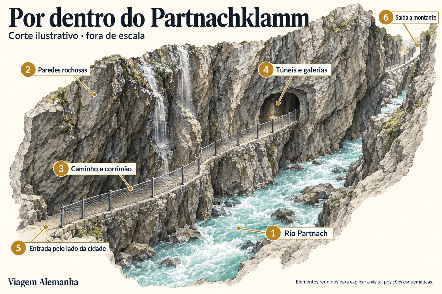 Corte ilustrativo do Partnachklamm com seis indicações: rio, paredes rochosas, caminho e corrimão, túneis, entrada pelo lado da cidade e saída a montante; fora de escala