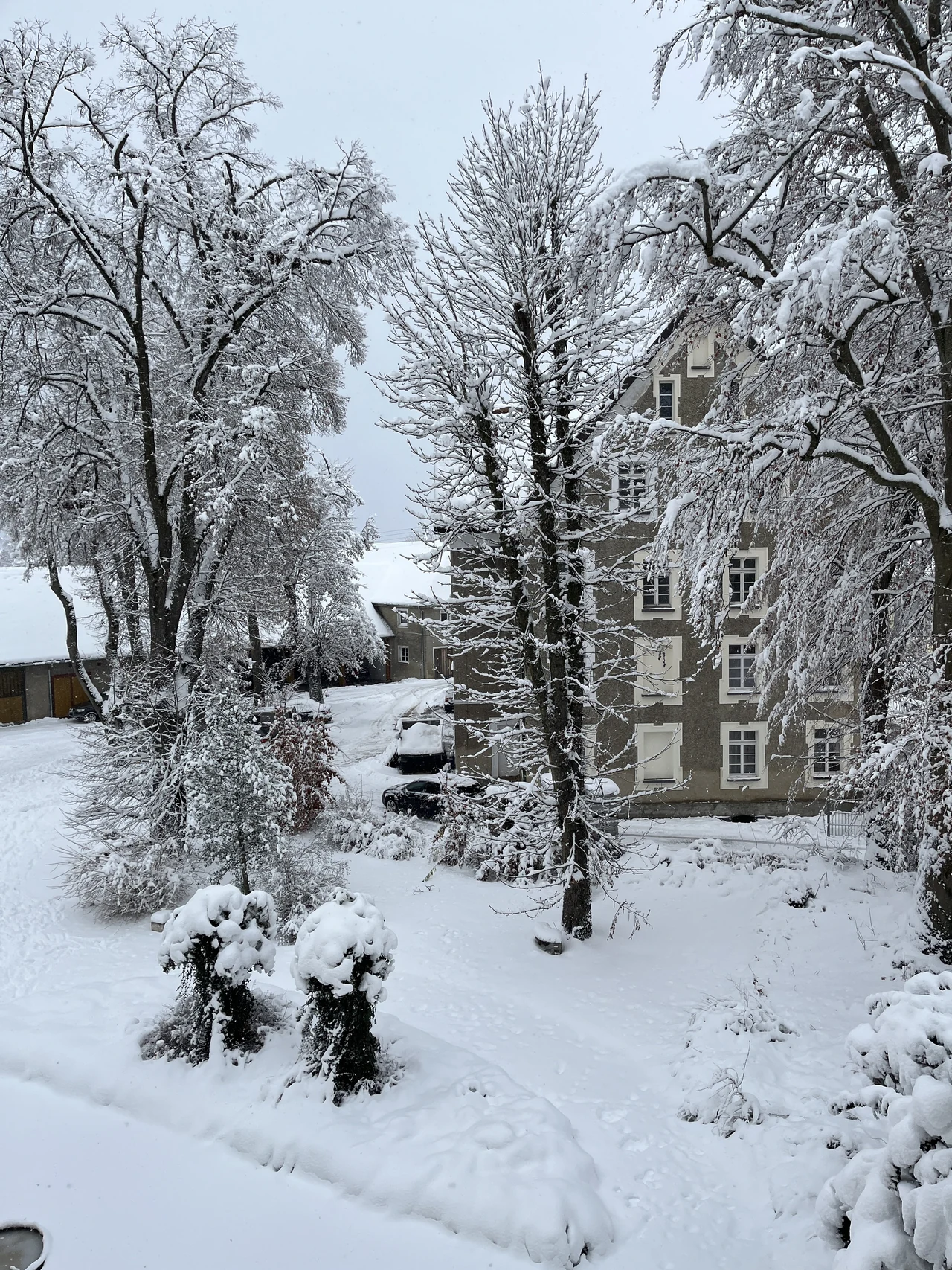 Árvores e fachadas cobertas de neve em Gutenzell-Hürbel